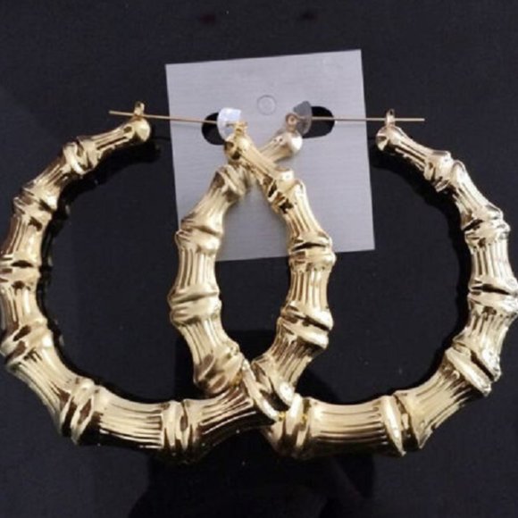 Bamboo Round Extra Large Pierced Gold Tone Pierced Earrings - Picture 1 of 4